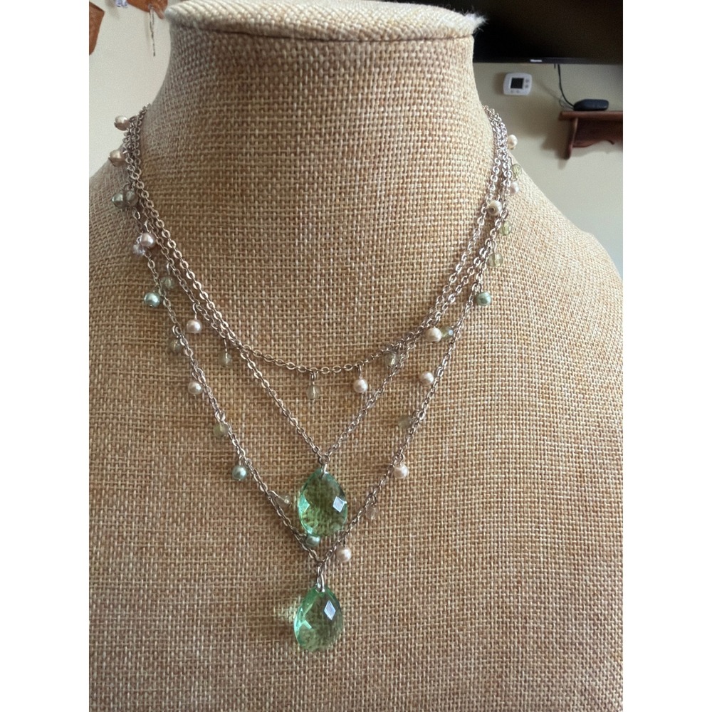 Multi Strand Silver Tone Layered Necklace Green Teardrop Faux Pearl Boho Gift